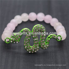 Venta al por mayor de piedras preciosas naturales de cuarzo rosa con diamante verde pulsera de serpiente